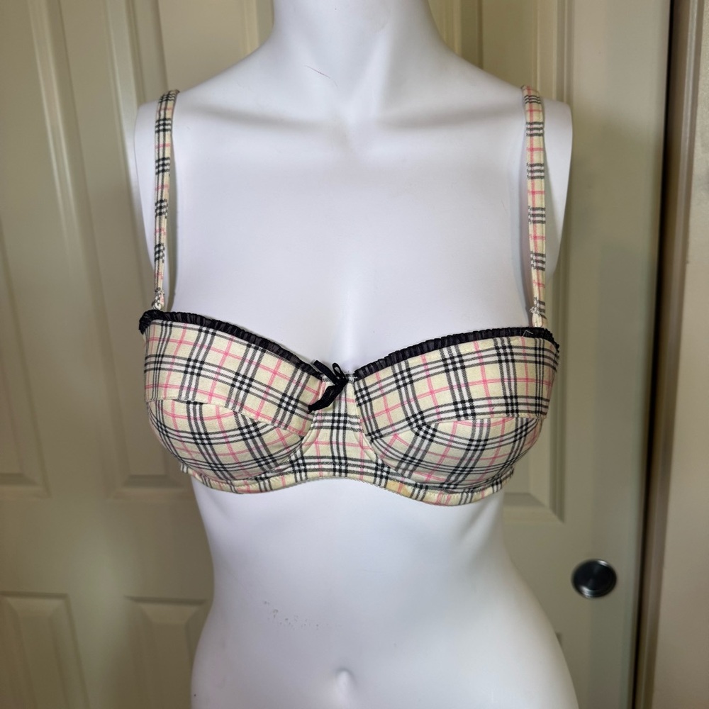 Plaid Balconette Bra - Cream/Black